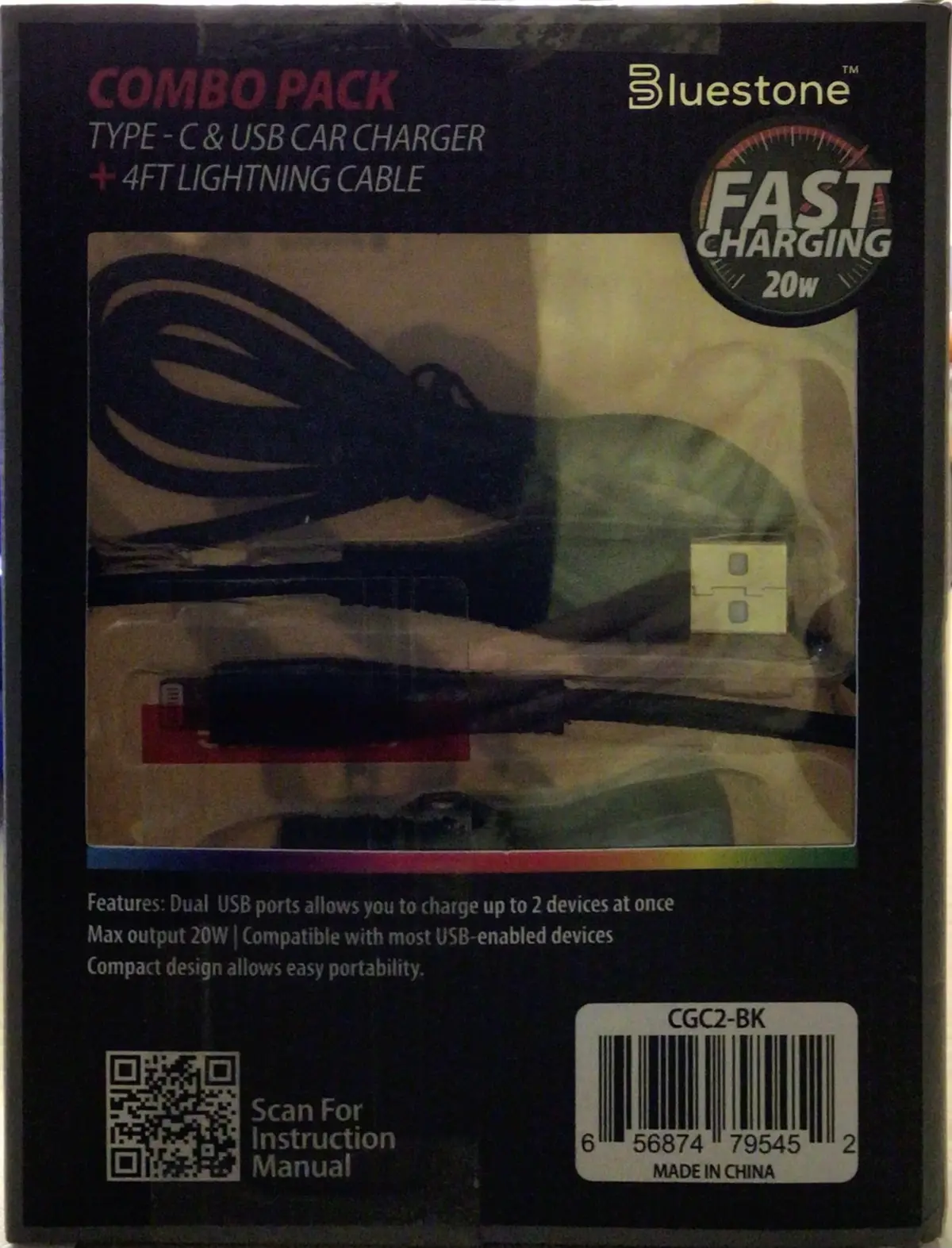 Combo Pack - Type C & Usb Car Charger 4Ft Lightning Cable 1