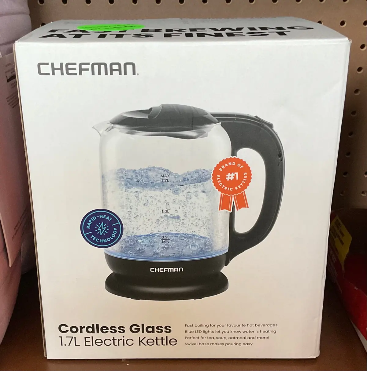 Chefman 1.7 Liter Electric Glass Tea Kettle With One Touch Easy Operation - Black, 1