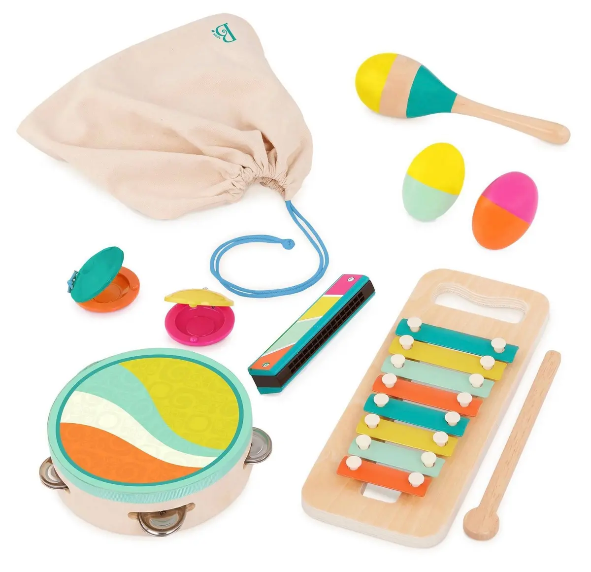 Wooden Instrument Set - Xylophone, Tambourine, Harmonica & More - Make A Melody - 9Pc 1