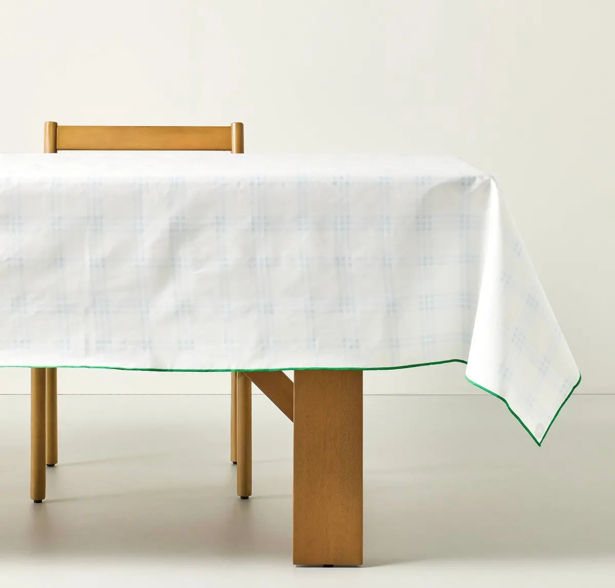Tri-Stripe Plaid Wipeable Rectangular Tablecloth  - Cream/ Light Blue / Green -  60” X 84” 1