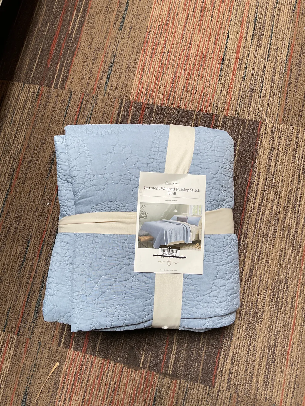 Full/Queen Garment Washed Paisley Stitch Quilt Sky Blue 1