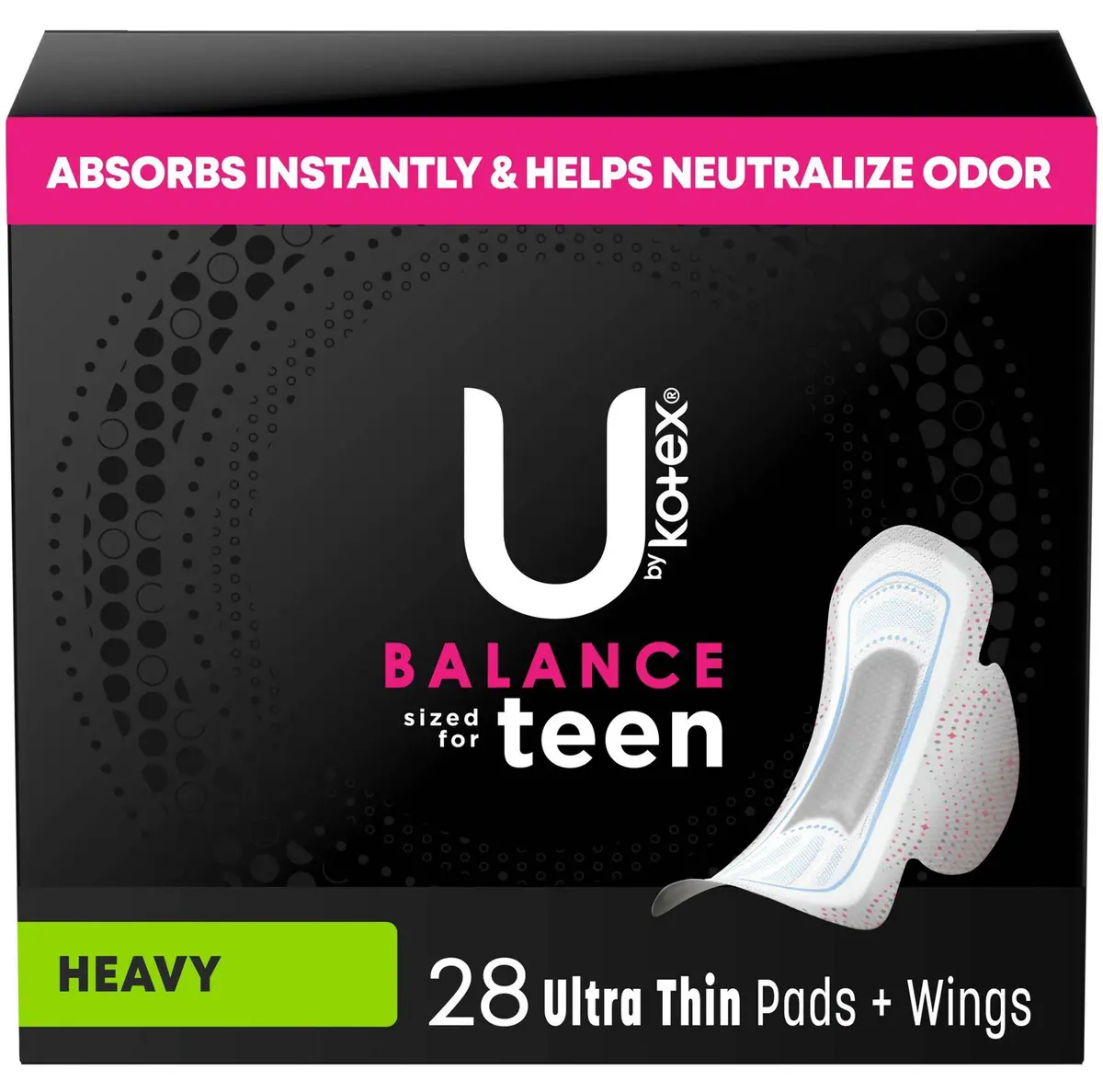 U By Kotex Balance Sized For Teens Ultra-Thin Pads With Wings- Extra Absorbency- Unscented- 28Ct 1