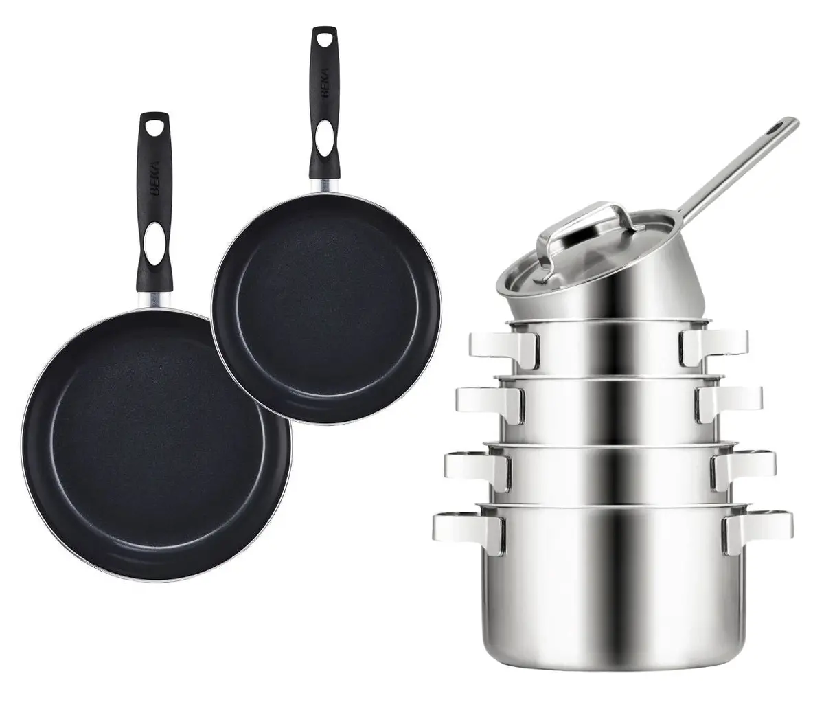 Sola Pannenset Ruby 7-Delig Premium Triply Rvs - Kookpan Ø 16, 18, 20 En 24 Cm En Steelpan Ø 16 Cm & Beka Koekenpannen Pro Induc Ø 24 & 28 Cm 1