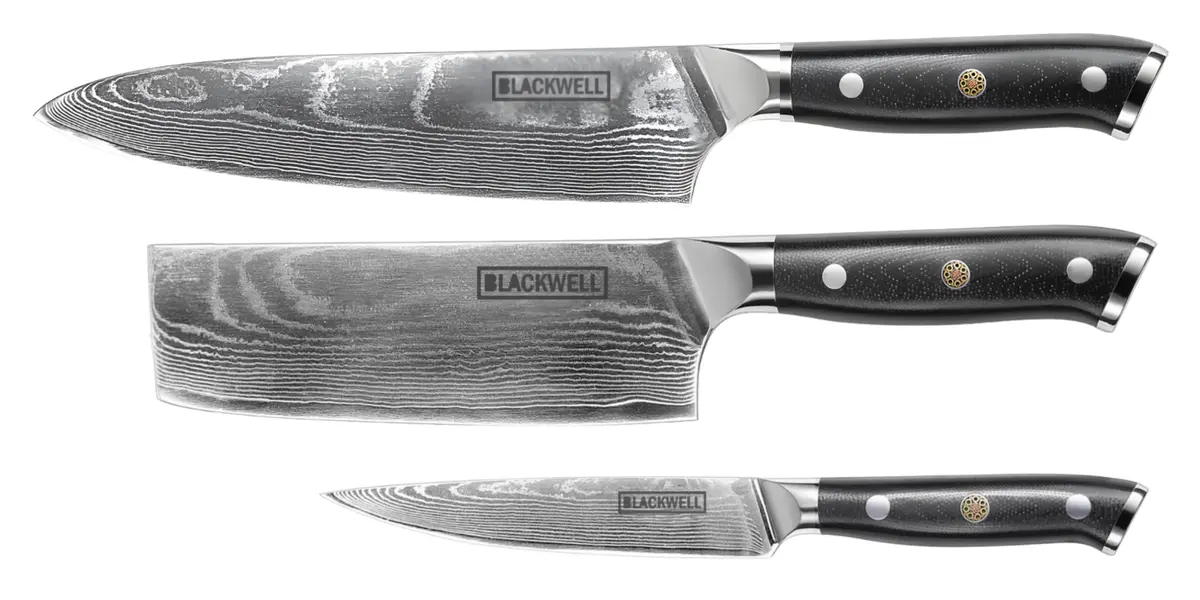 Blackwell Messenset (Koksmes + Groentemes + Officemes) - Japanse Stijl - 67 Lagen Damaststaal - Vg10 - 3-Delig 1