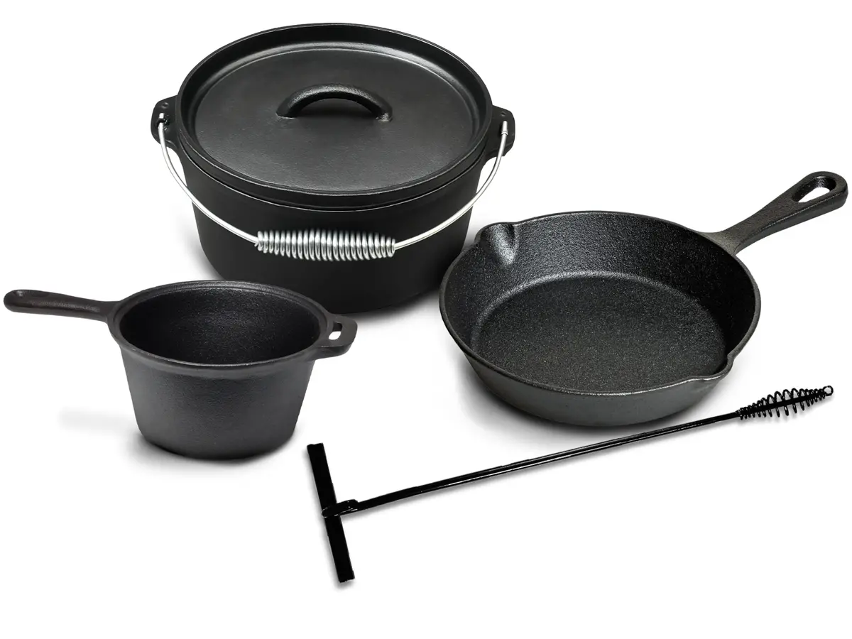 Blackwell Dutch Oven Bbq Gietijzer Set 4-Delig Braadpan + Lifter, Koekenpan Ø 20 Cm & Steelpan 18 Cm - Geschikt Voor Alle Warmtebronnen - Zonder Anti-Aanbaklaag 1