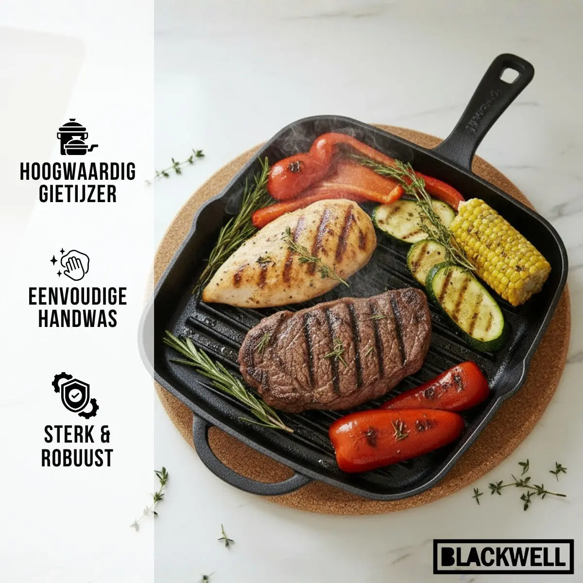 Blackwell Grillpan Cast Iron Gietijzer - 26 X 26 Cm - Geschikt Voor Alle Warmtebronnen - Zonder Anti-Aanbaklaag 2