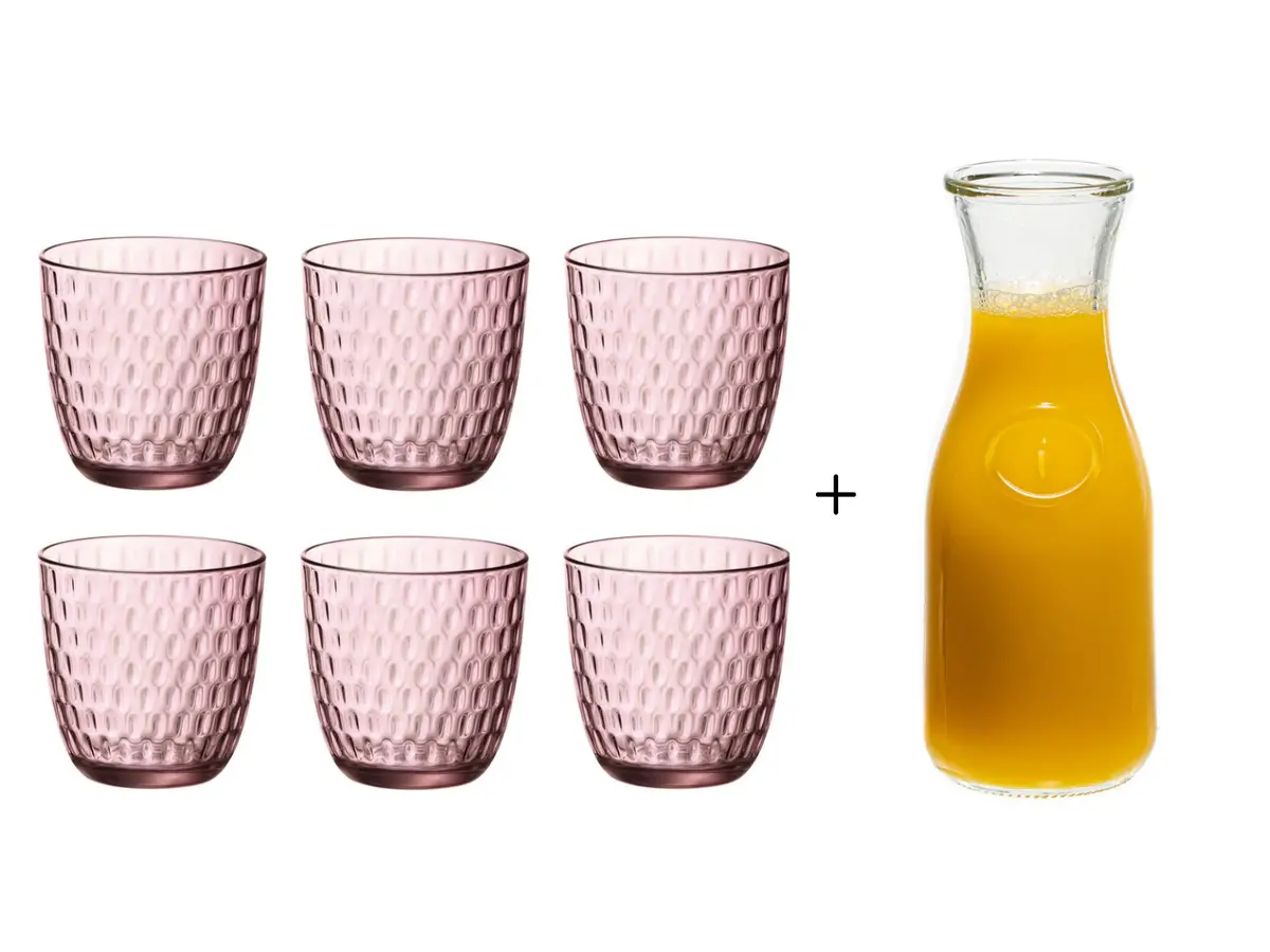 Bormioli Rocco Glazen Slot Roze 290 Ml - 6 Stuks + Cookinglife Karaf 1 Liter 1