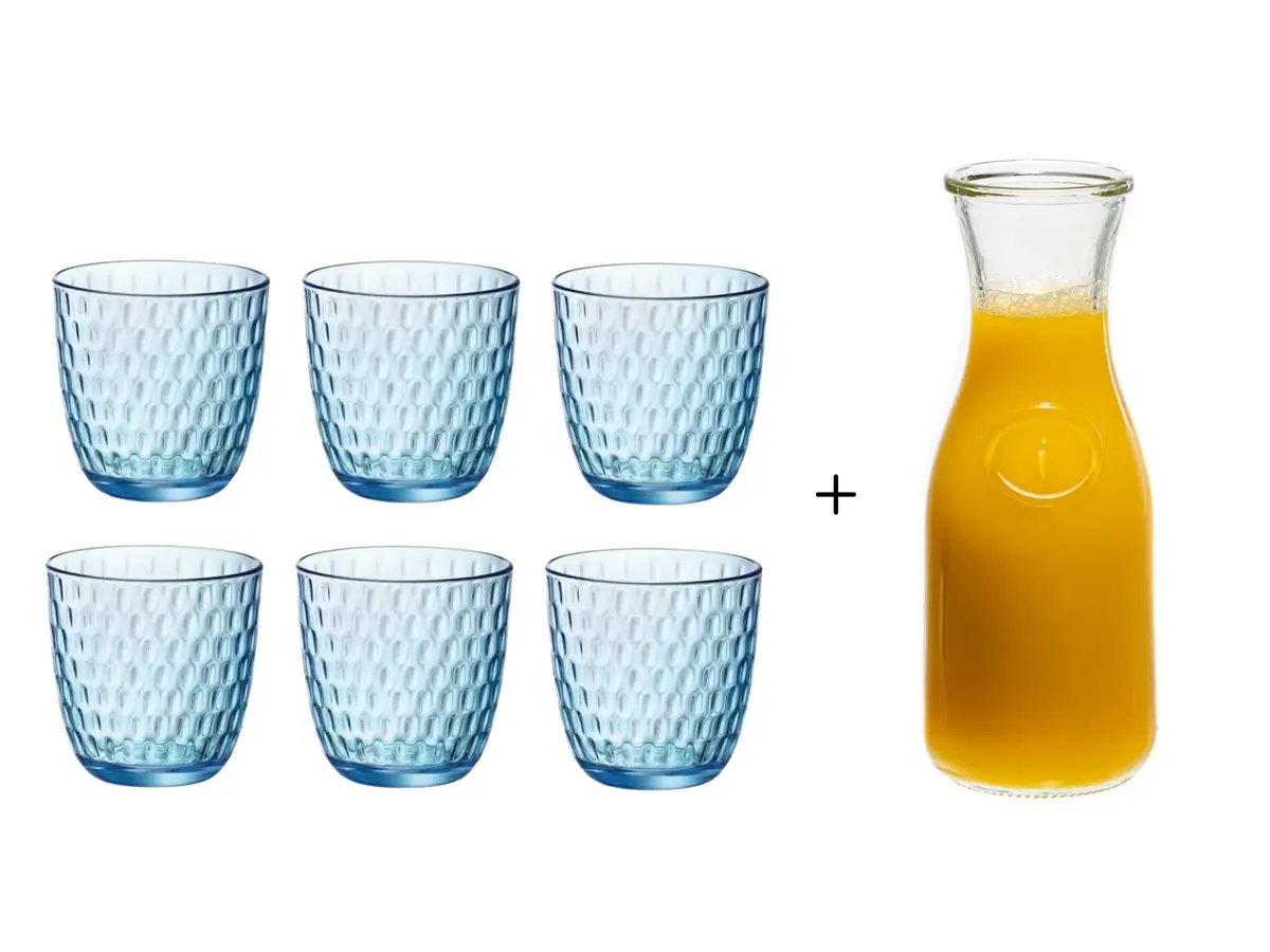 Bormioli Rocco Glazen Slot Blauw 290 Ml - 6 Stuks + Cookinglife Karaf 1 Liter 1