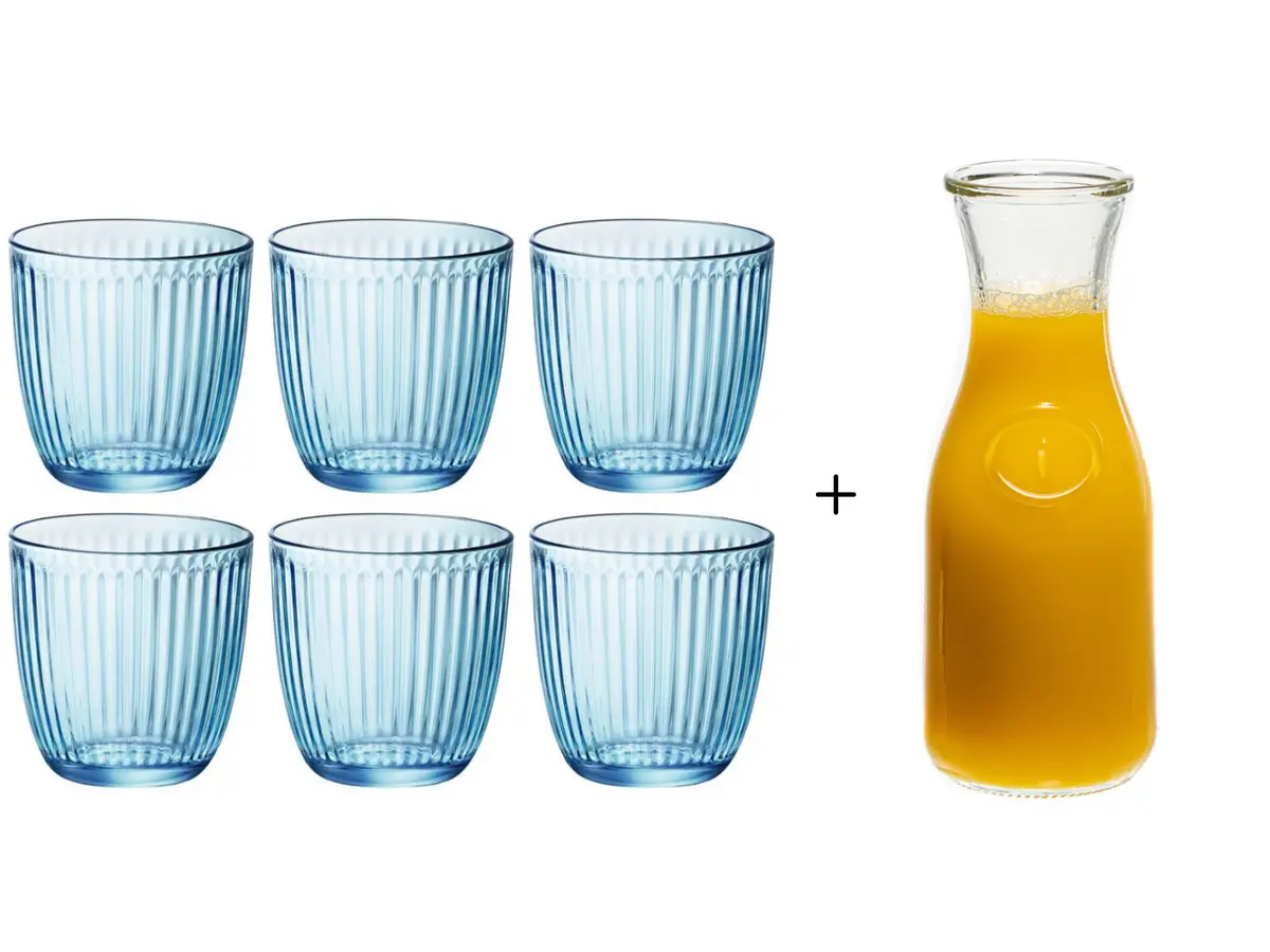 Bormioli Rocco Waterglazen Line Blauw 290 Ml - 6 Stuks + Cookinglife Karaf 1 Liter 1