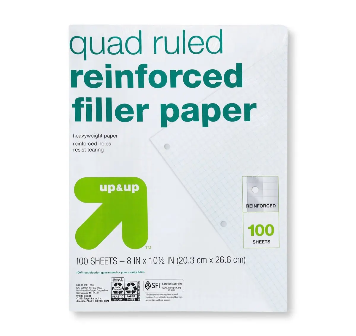 100Ct Quad Ruled Filler Paper Reinforced 1