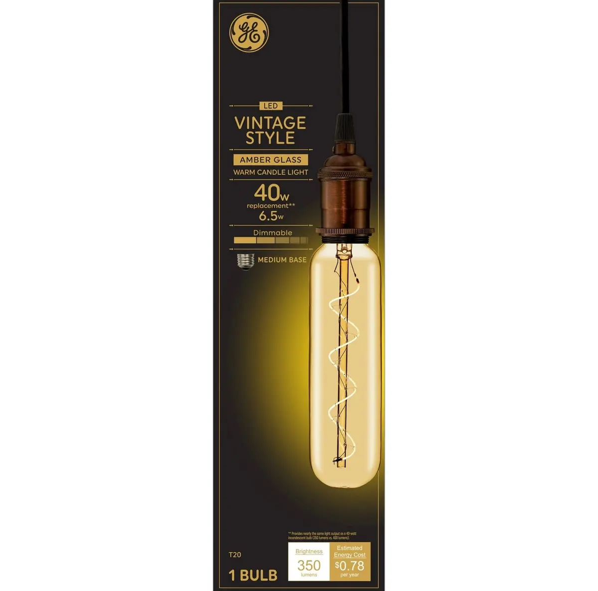 40W Vintage Style T20 Led Light Bulb Amber Glass 1