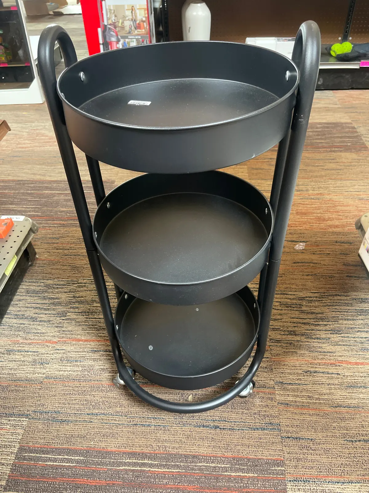 3 Tier Round Metal Utility Cart Kitchen Storage Trolley With Wheels - Black 1