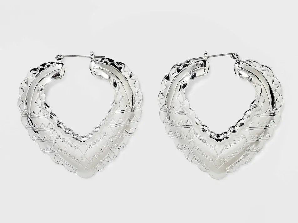 Stamped Cubic Zirconia Heart Hoop Earrings - Silver 1