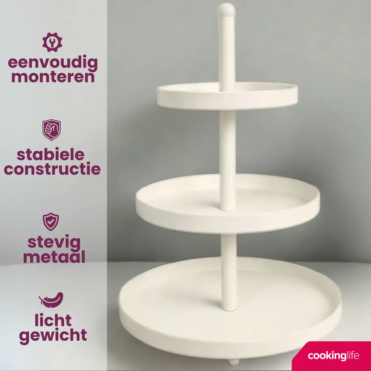 Cookinglife Etagère Metaal Creme Ø 15, 20 & 25 Cm - 3-Laags - 35 Cm Hoog 2