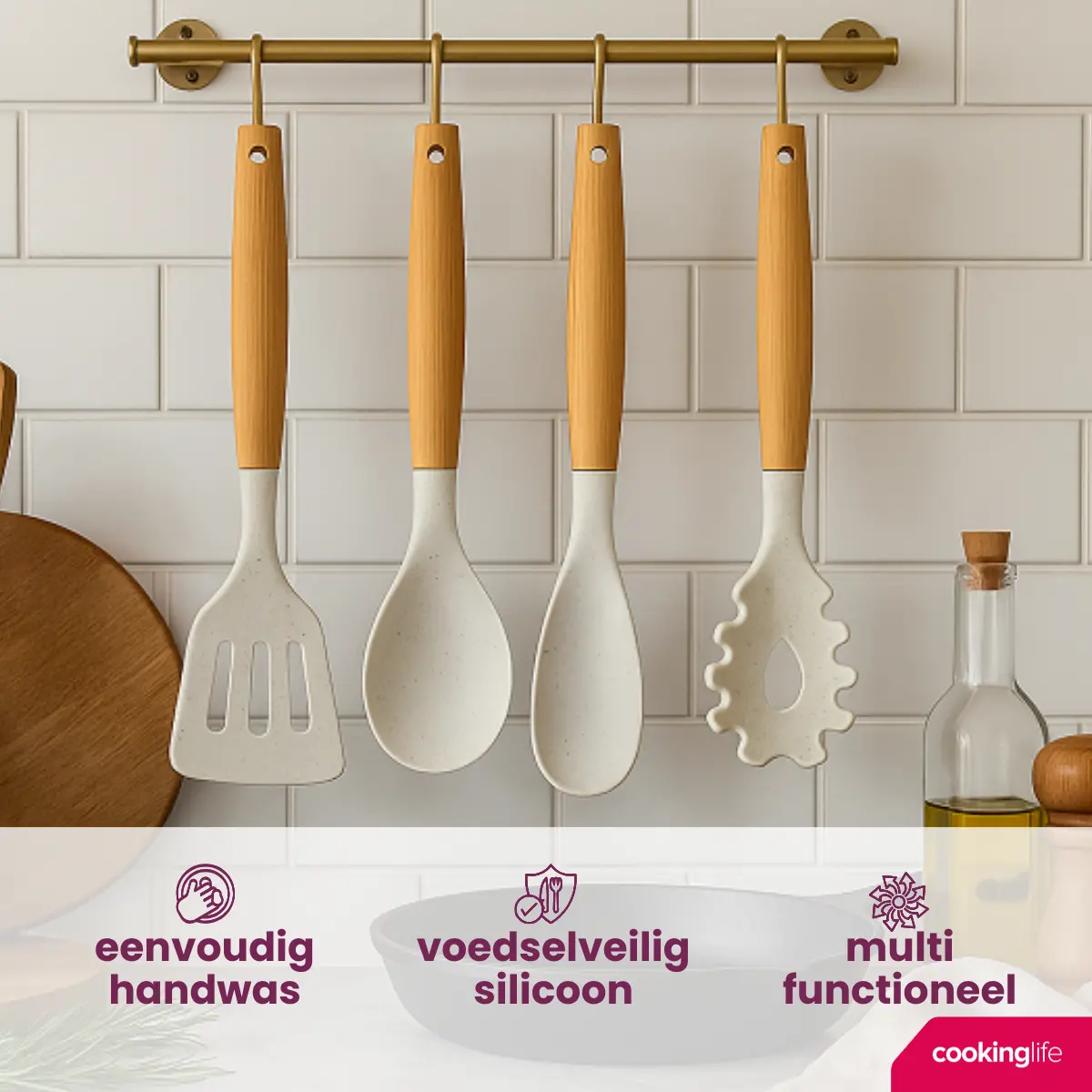 Cookinglife Keukengerei Set - Kookgerei Set - Hout Beige 4 Delig - Bakspaan, Opscheplepel, Saladelepel & Spaghettilepel 2