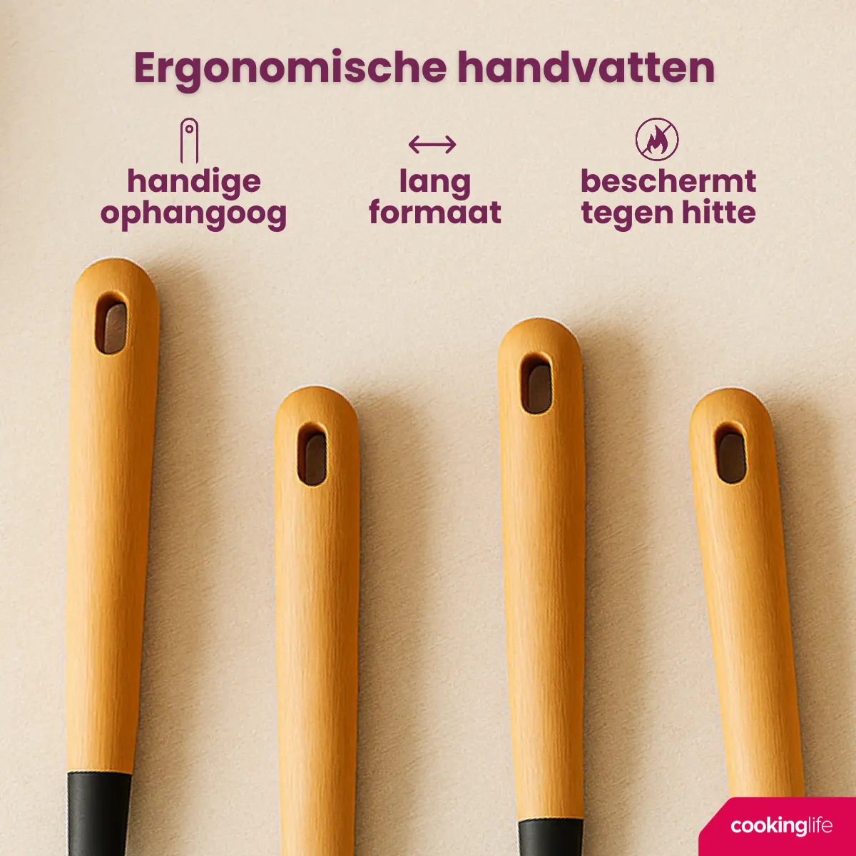 Cookinglife Keukengerei Set - Kookgerei Set - Hout Zwart 4 Delig - Schuimspaan, Soeplepel, Bakspaan & Opscheplepel 2