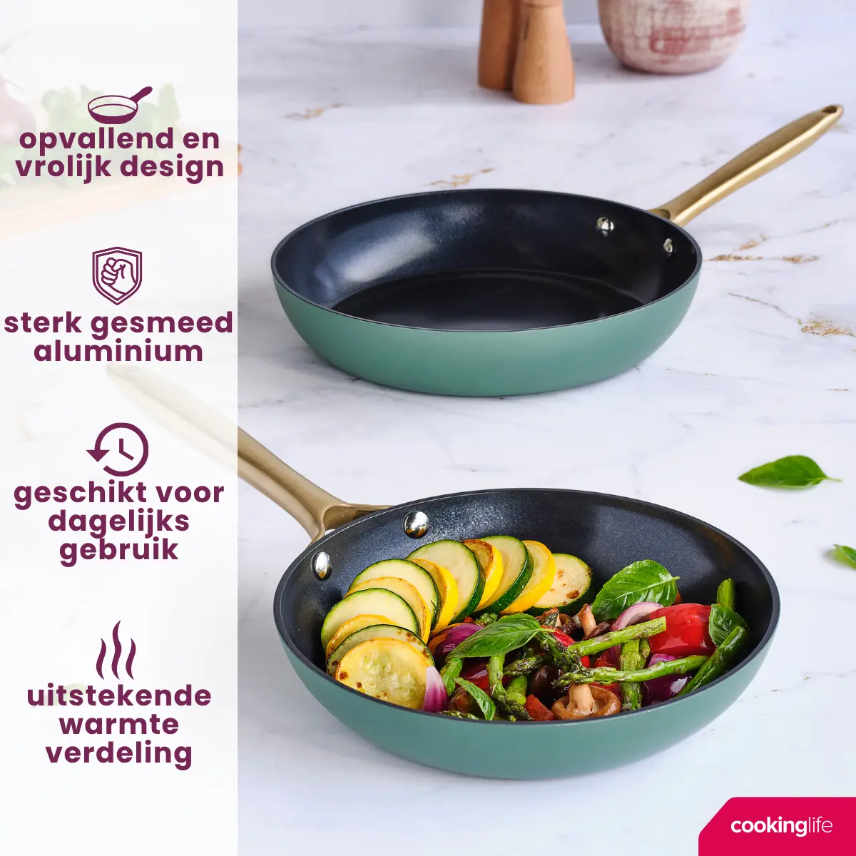Cookinglife Koekenpannenset Style Groen 2-Delig Ø 24 & 28 Cm - Geschikt Voor Alle Warmtebronnen - Keramische Anti-Aanbaklaag 2