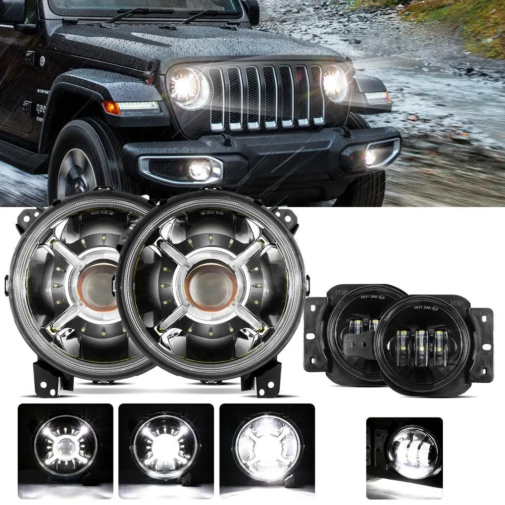 9'' Round 100W Led Headlights With Drl & 4'' 30W Led Fog Lights For 2018-2022 Jeep Wrangler Jl, 2019-2022 Gladiator Jt 1