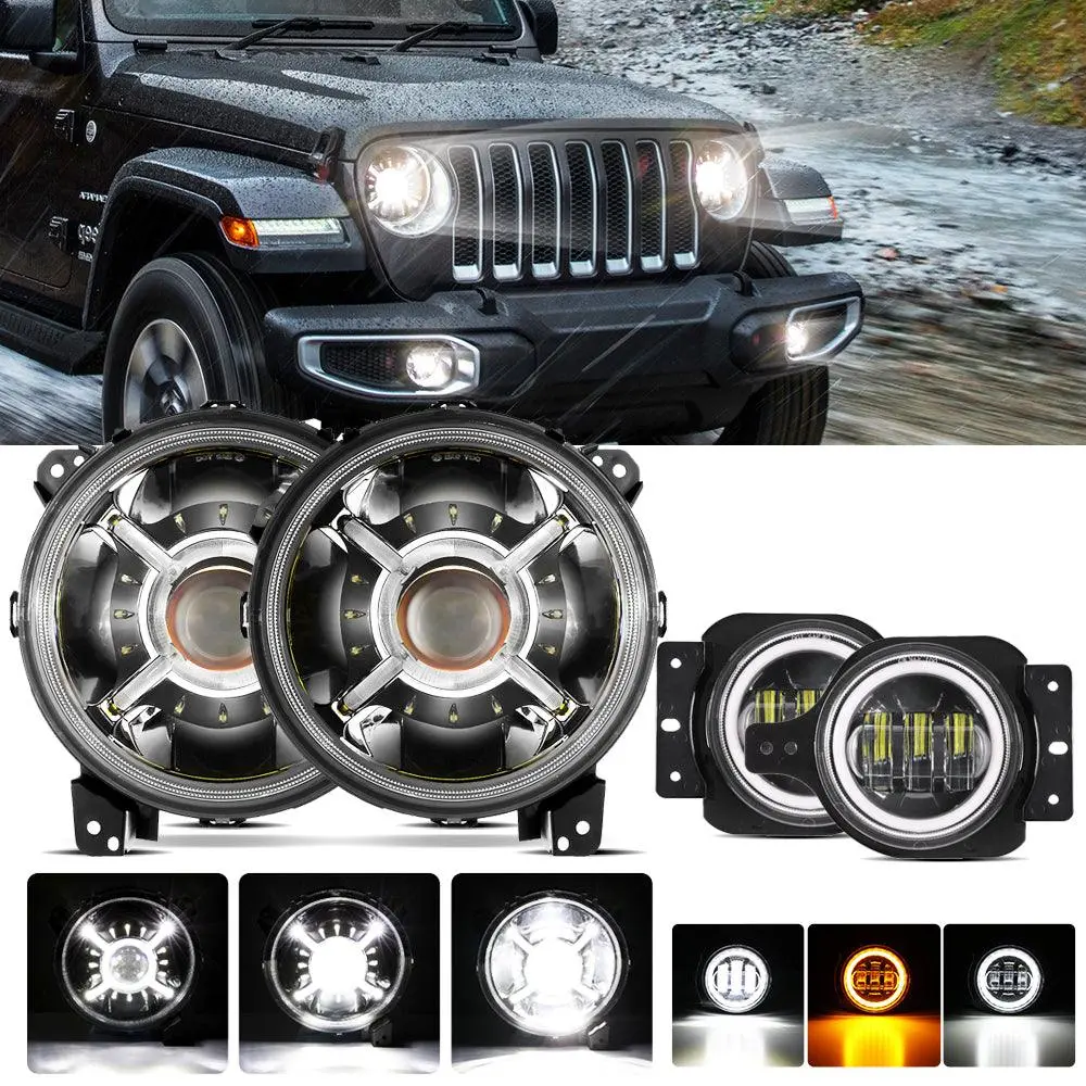 9'' Round 100W Led Headlights With Drl & 4'' 30W Led Fog Lights For 2018-2022 Jeep Wrangler Jl 1