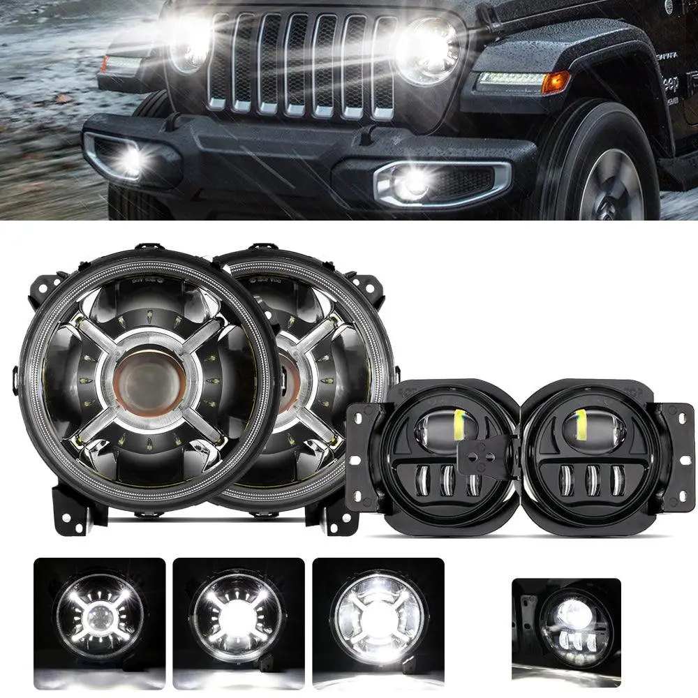 9'' Round 100W Led Headlights With Drl & 4 Inch 30W Led Fog Lights With Adapter Ring For Jeep Wrangler Jl 2018-2019 1