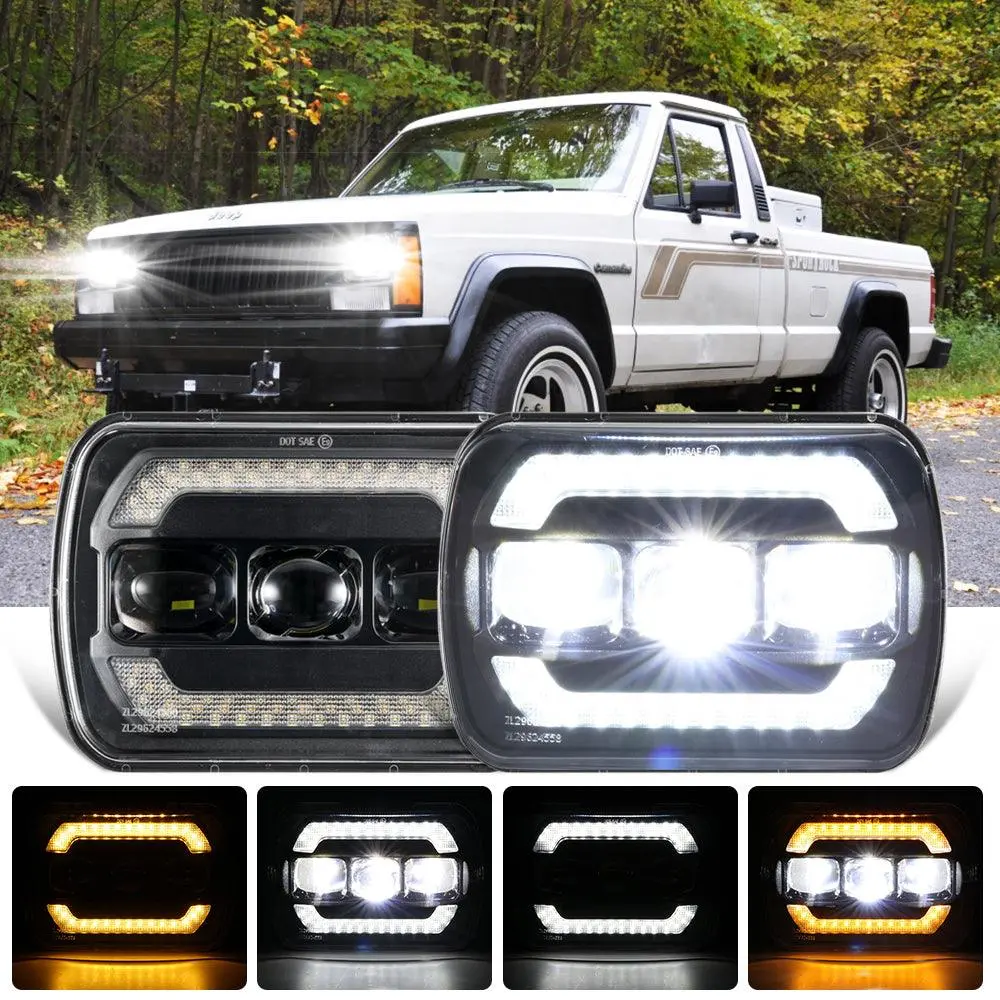 (2Pcs/Set) 7X6 Inch Sealed Beam Led Headlights With Hi-Lo Beam Yellow Turn Signal White Drl Lamps 1