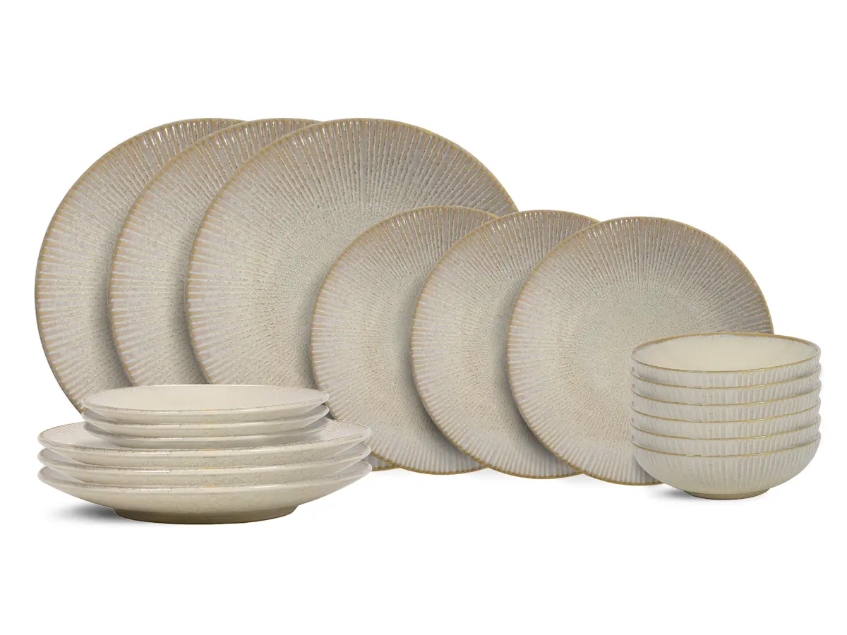 Cookinglife Serviesset Coastal Lines Ocean Beige 18-Delig / 6 Personen - 6 Dinerborden, 6 Ontbijtborden En 6 Diepe Borden 1