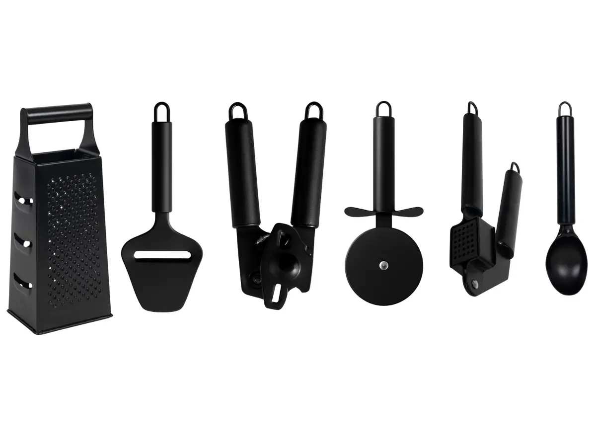 Cookinglife Keukengerei Set Zwart - 6-Delig - Torenrasp, Knoflookpers, Blikopener, Pizzasnijder, Kaasschaaf & Ijschep 1