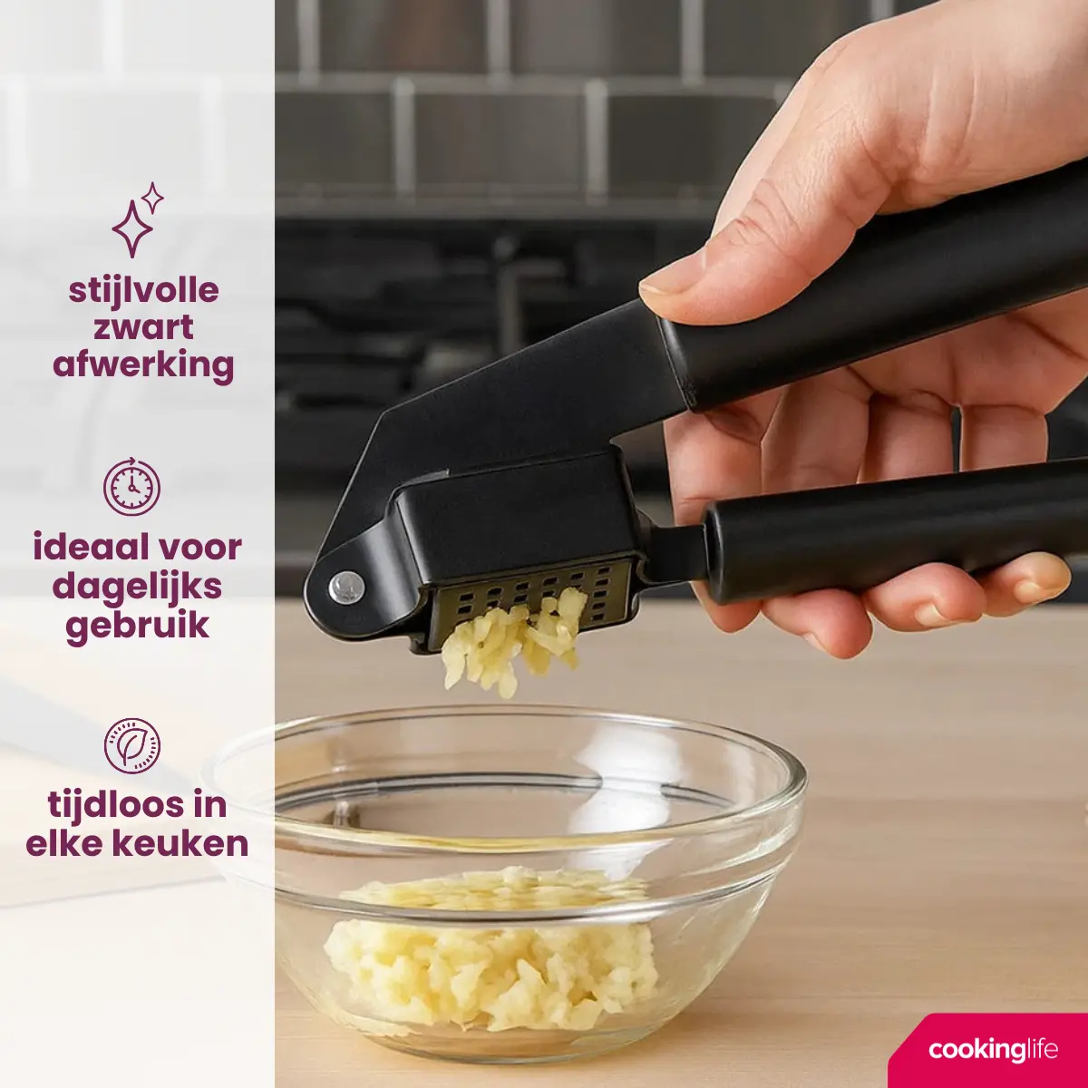 Cookinglife Knoflookpers Zwart 19 Cm - Knoflookpers Voor Verse Knoflook - Eenvoudig Te Reinigen - Stevig Rvs Persgedeelte - Comfortabele Kunststof Handgrepen - Duurzaam En Stijlvol - 190 X 50 X 30 Mm - Keukengerei - Keuken Accessoires 2