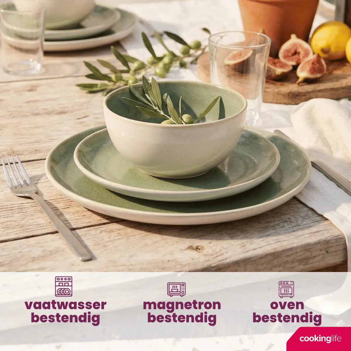 Cookinglife Serviesset Serene Green 12-Delig / 4 Personen - 4 Dinerborden, 4 Ontbijtborden En 4 Kommen 2