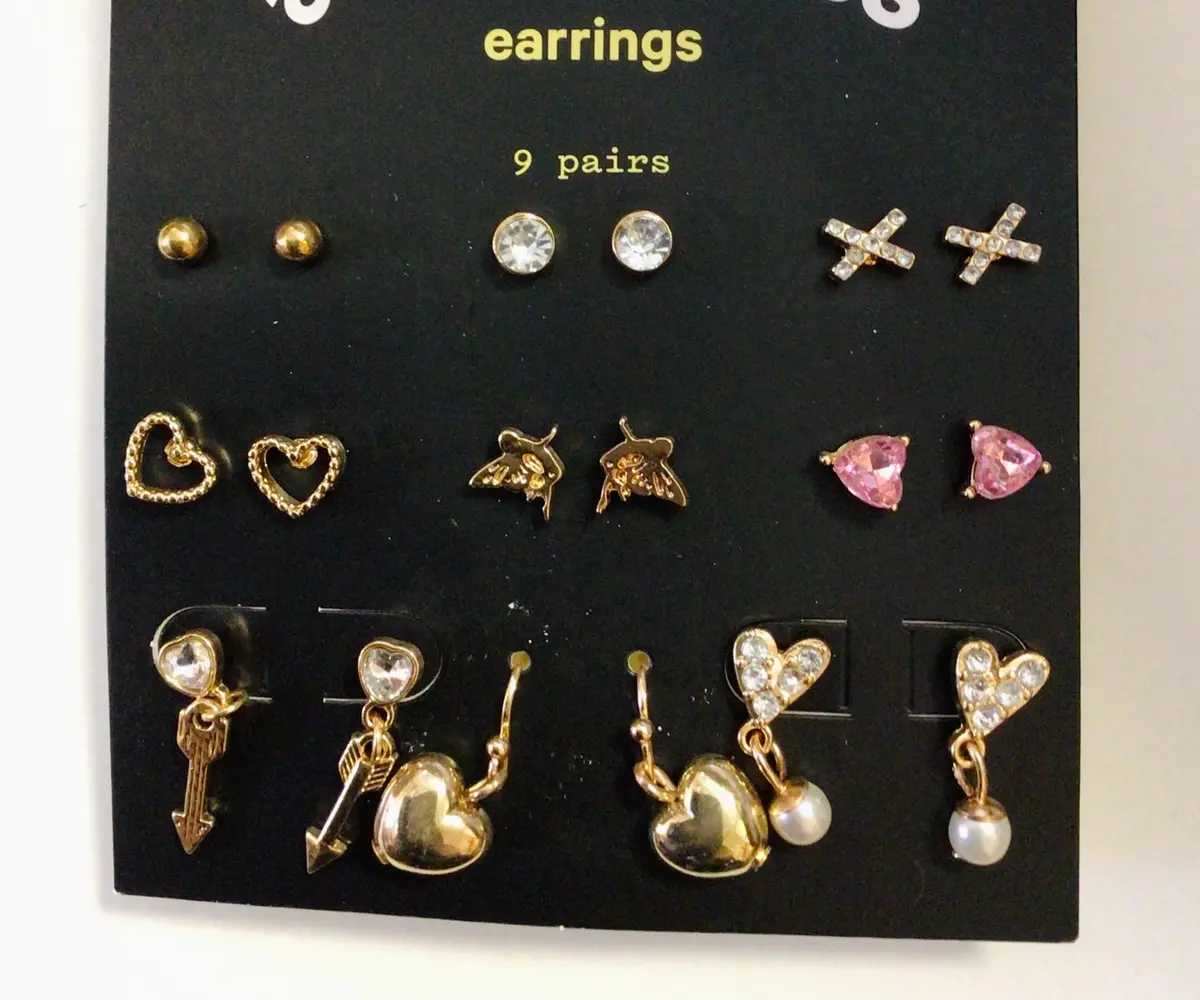 Gold Heart Gem Earring - 9Pc 1