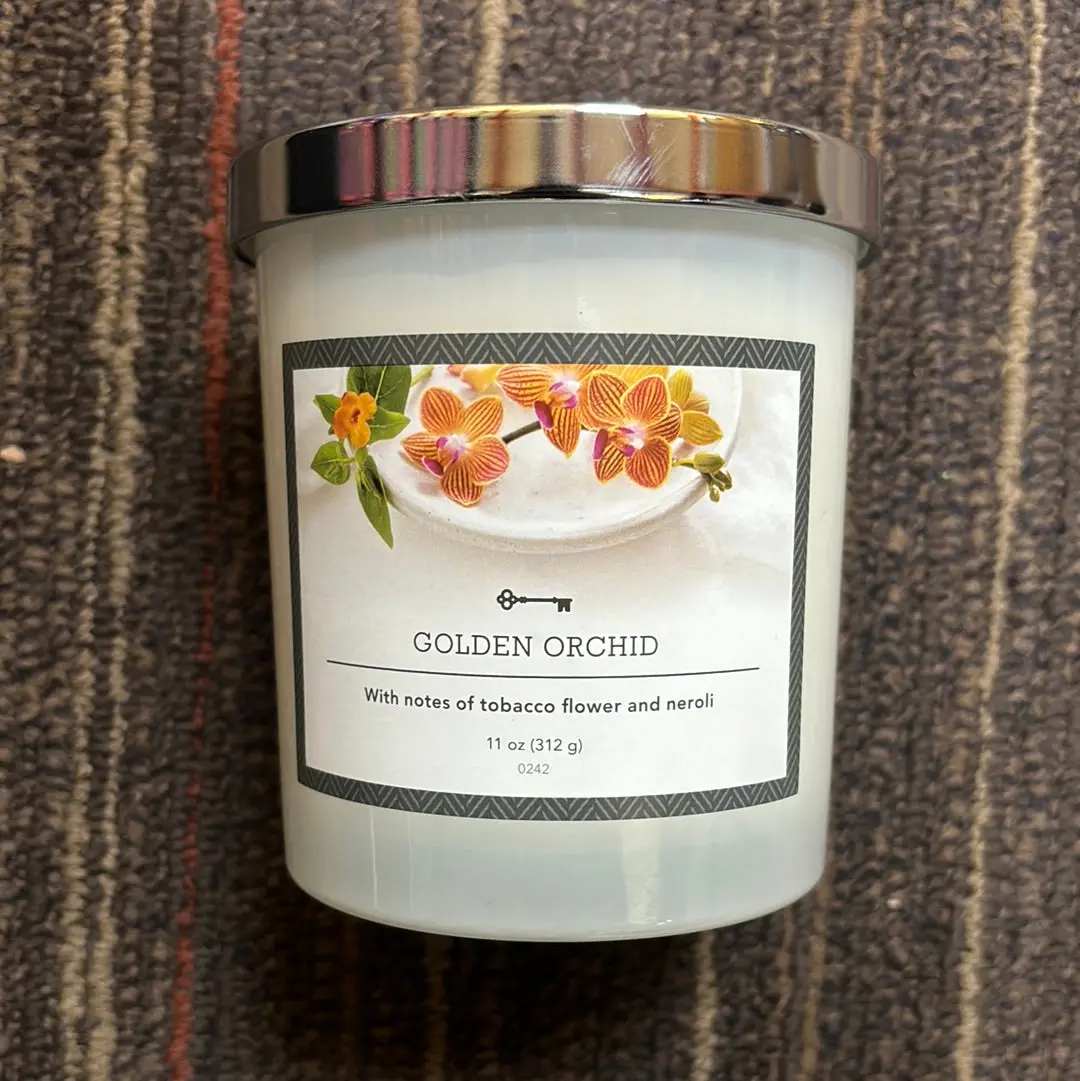 Milky Glass Golden Orchid Lidded Jar
Candle 11Oz 1