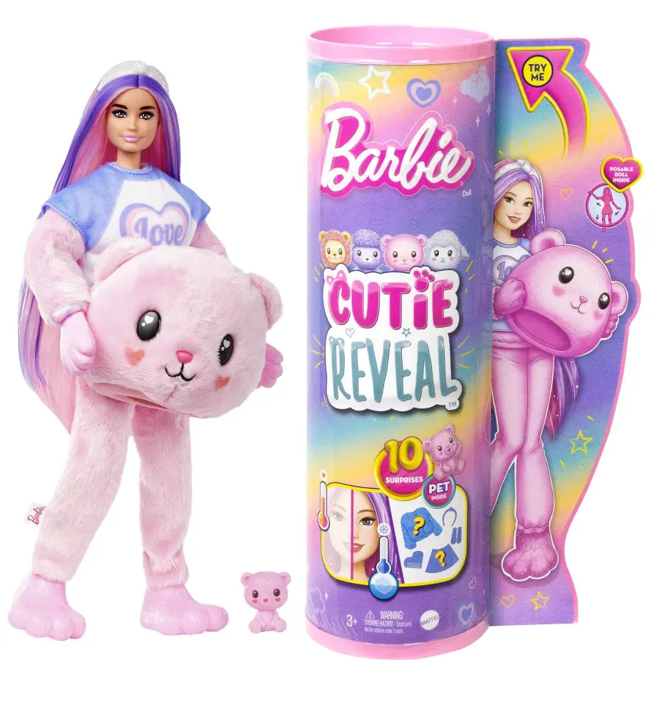 Barbie Cutie Reveal Doll & Accessories, Cozy Cute Tees Teddy Bear In Love T-Shirt, Purple-Streaked Pink Hair And Brown Eyes 1