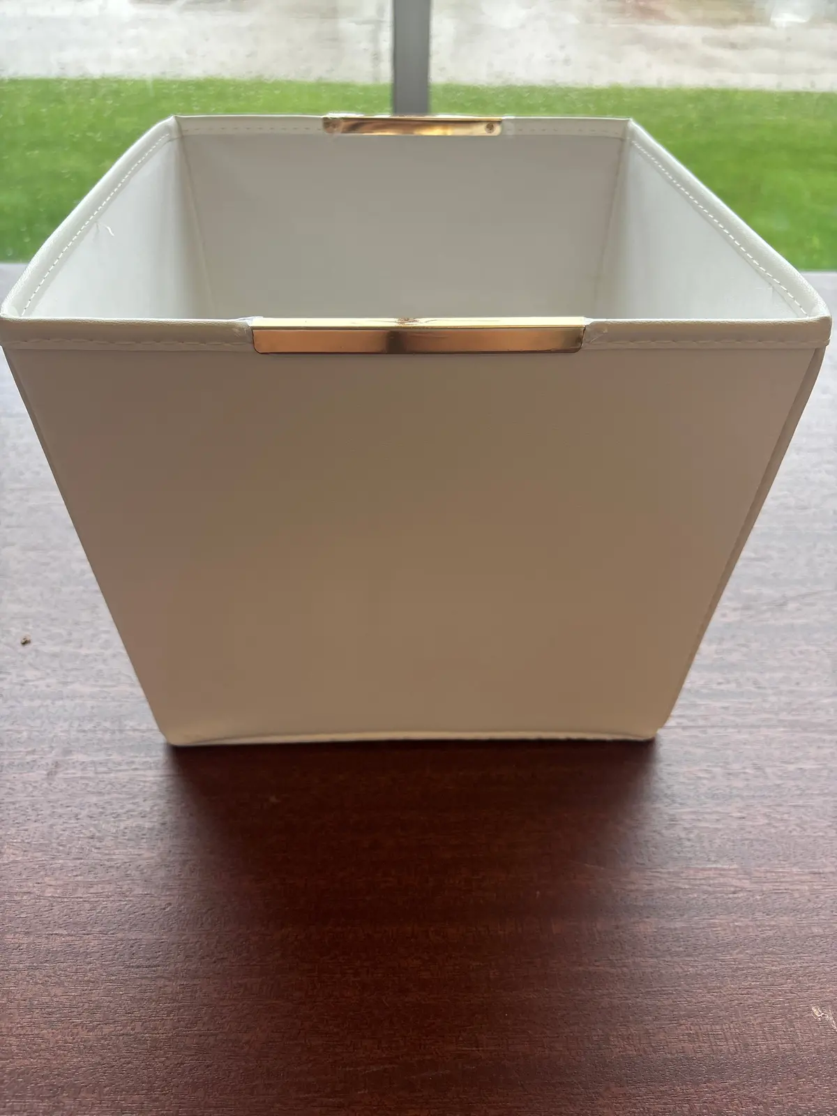 Faux Leather Basket Ivory With Gold Metal Handles 1