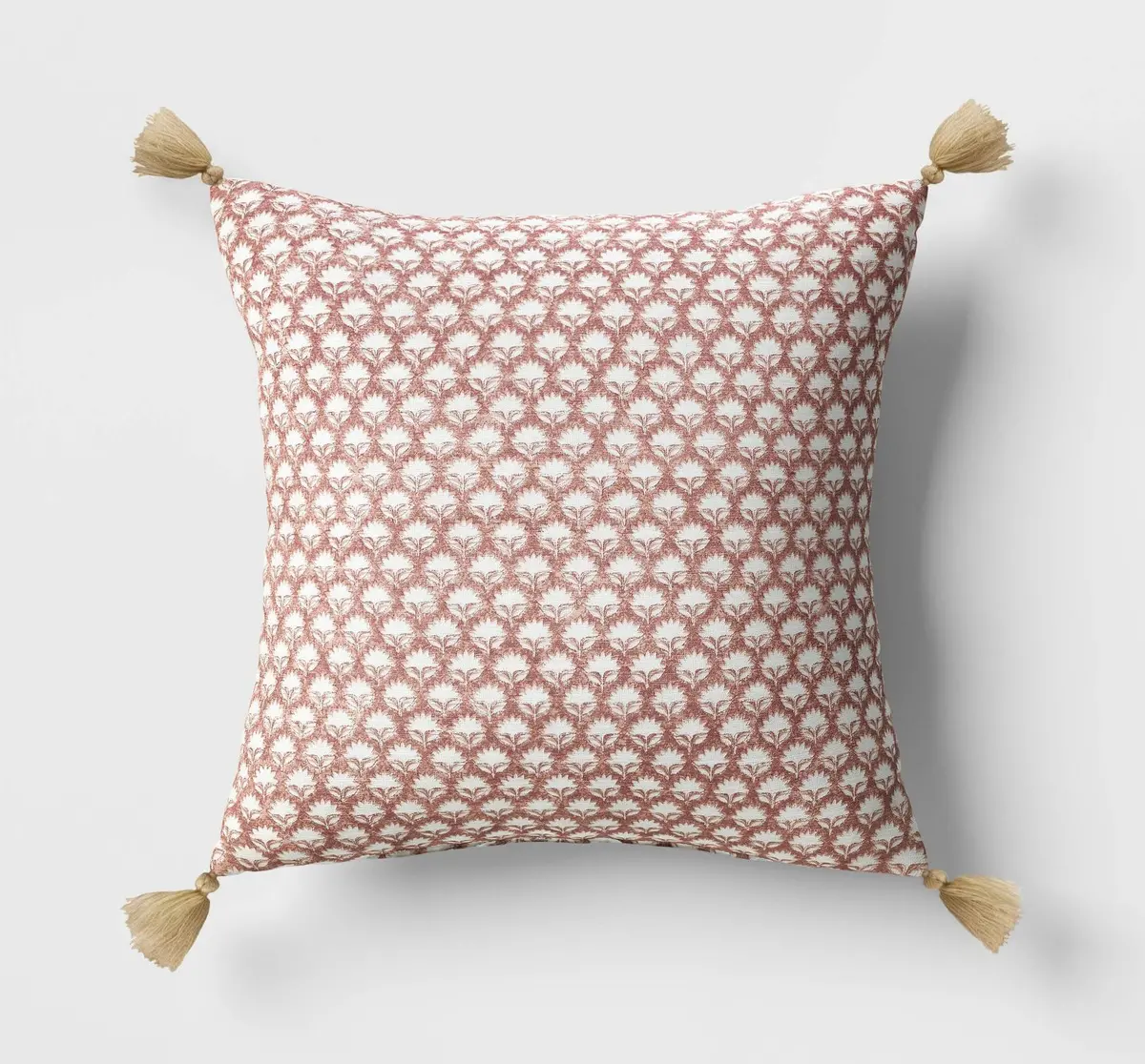 Block Print Square Throw Pillow With Tassels - Purple 1