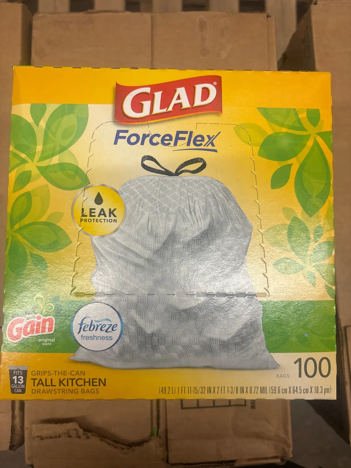 Glad Tall Kitchen Drawstring Trash Bags Odorshield 13 Gallon - Gain Original With Febreze Freshness - 100Ct 1