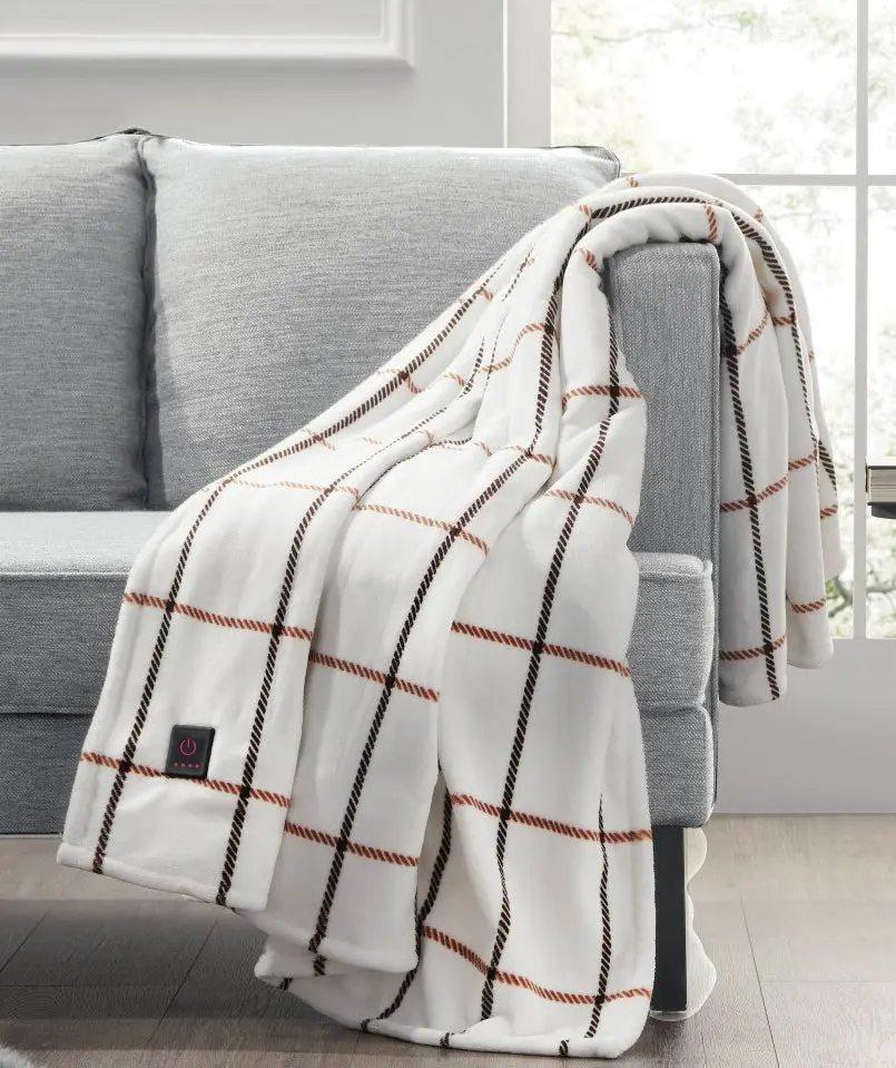 50"X60" Cozy Heated Throw Blanket Camel Window Pane 1