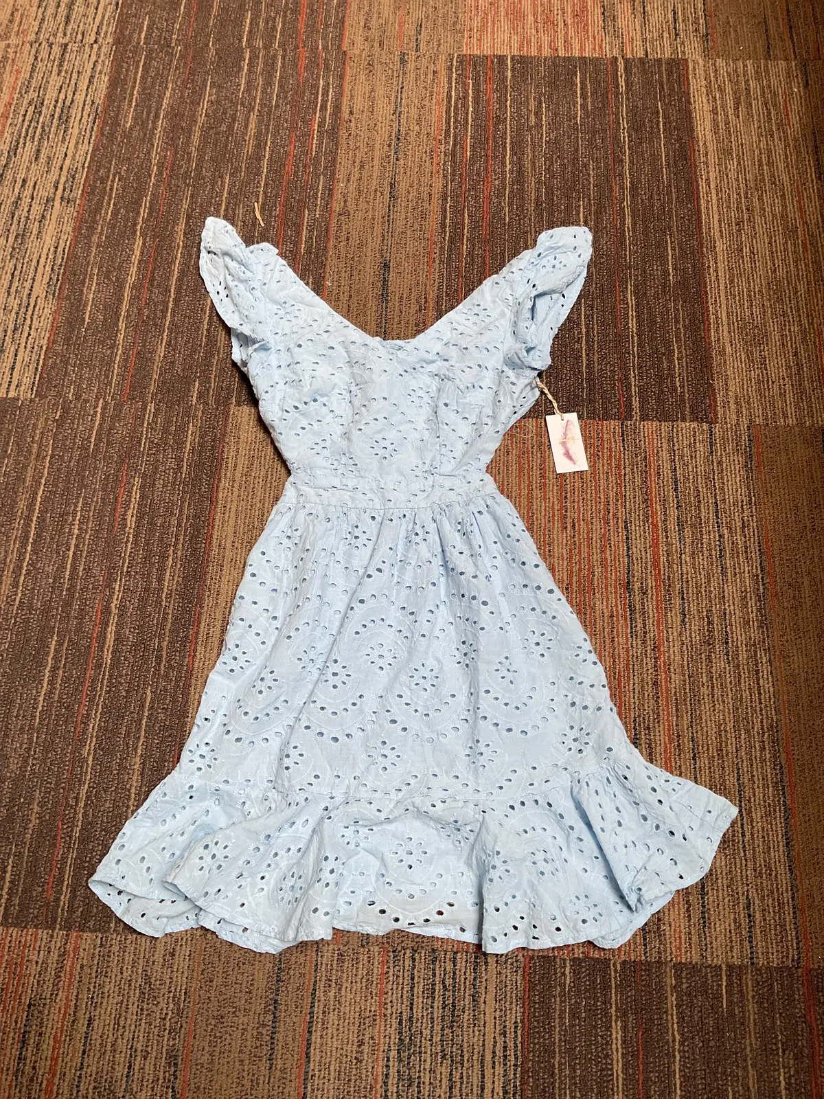 Jessica Simpson Baby Blue Eyelet Ruffle Hem Midi Dress Size Small (Stain) 1