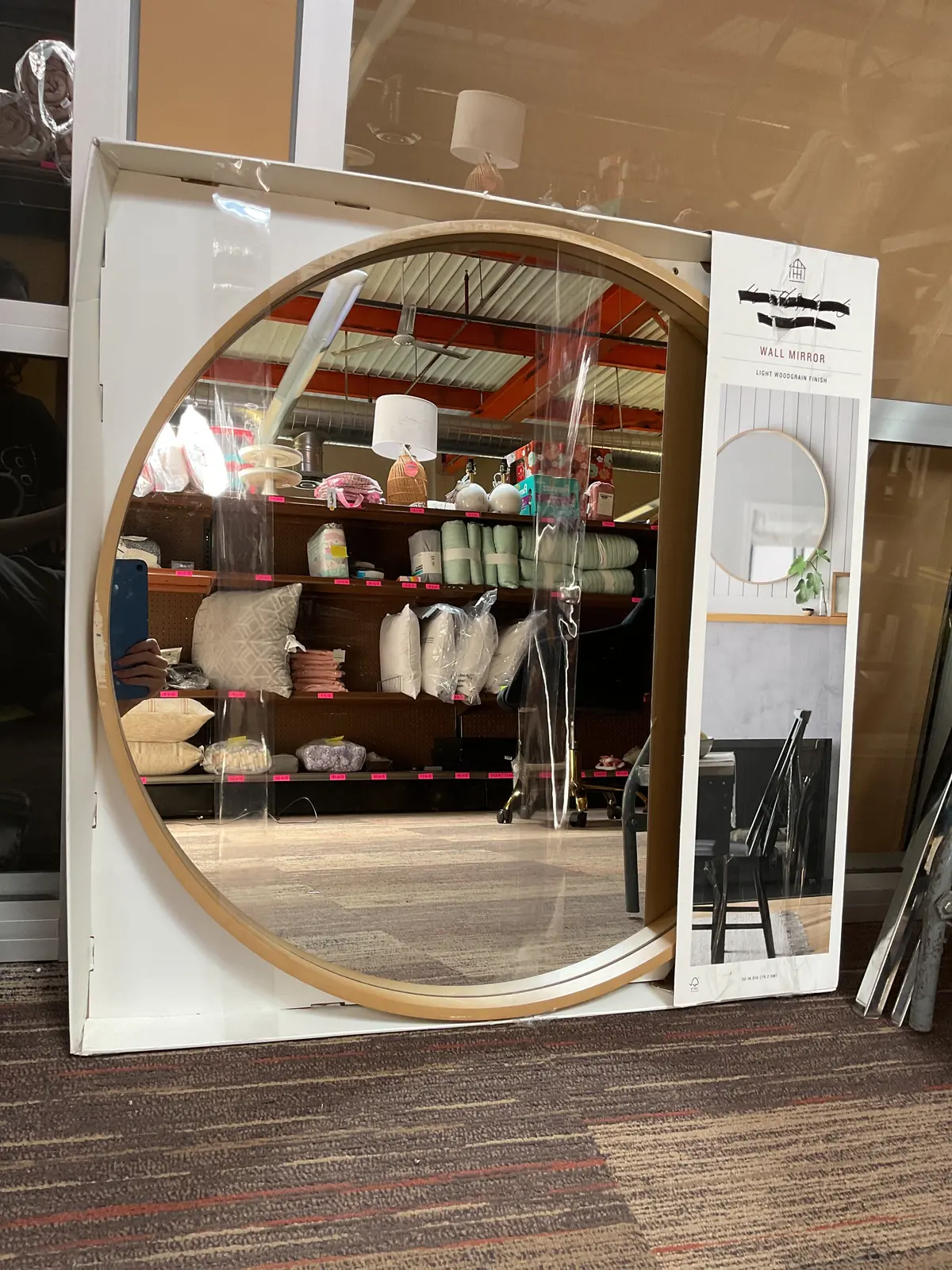 30" Round Wood Framed Wall Mirror Natural 1