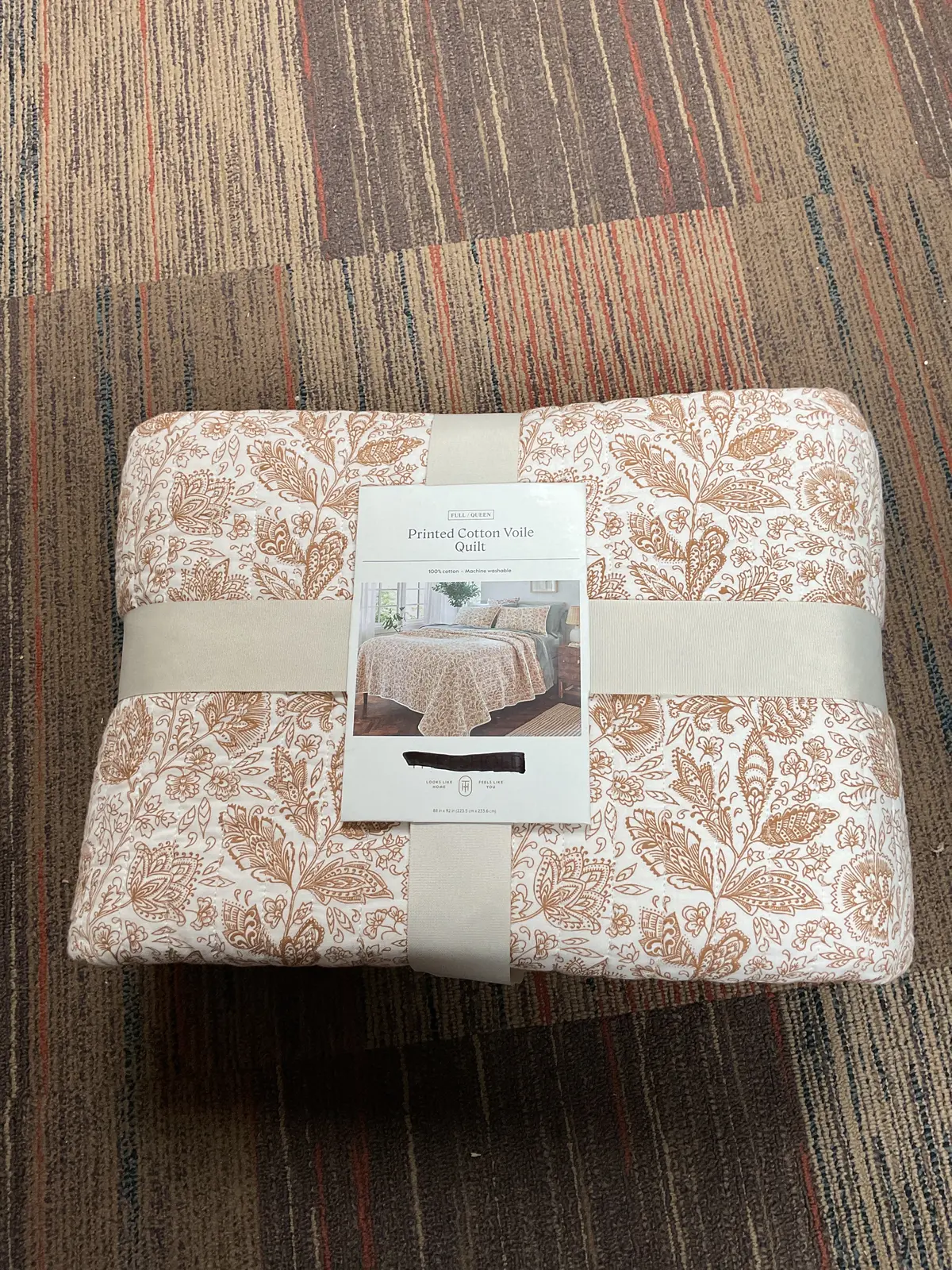 Full/Queen Printed Cotton Voile Tonal Floral Quilt Ivory/Camel 1