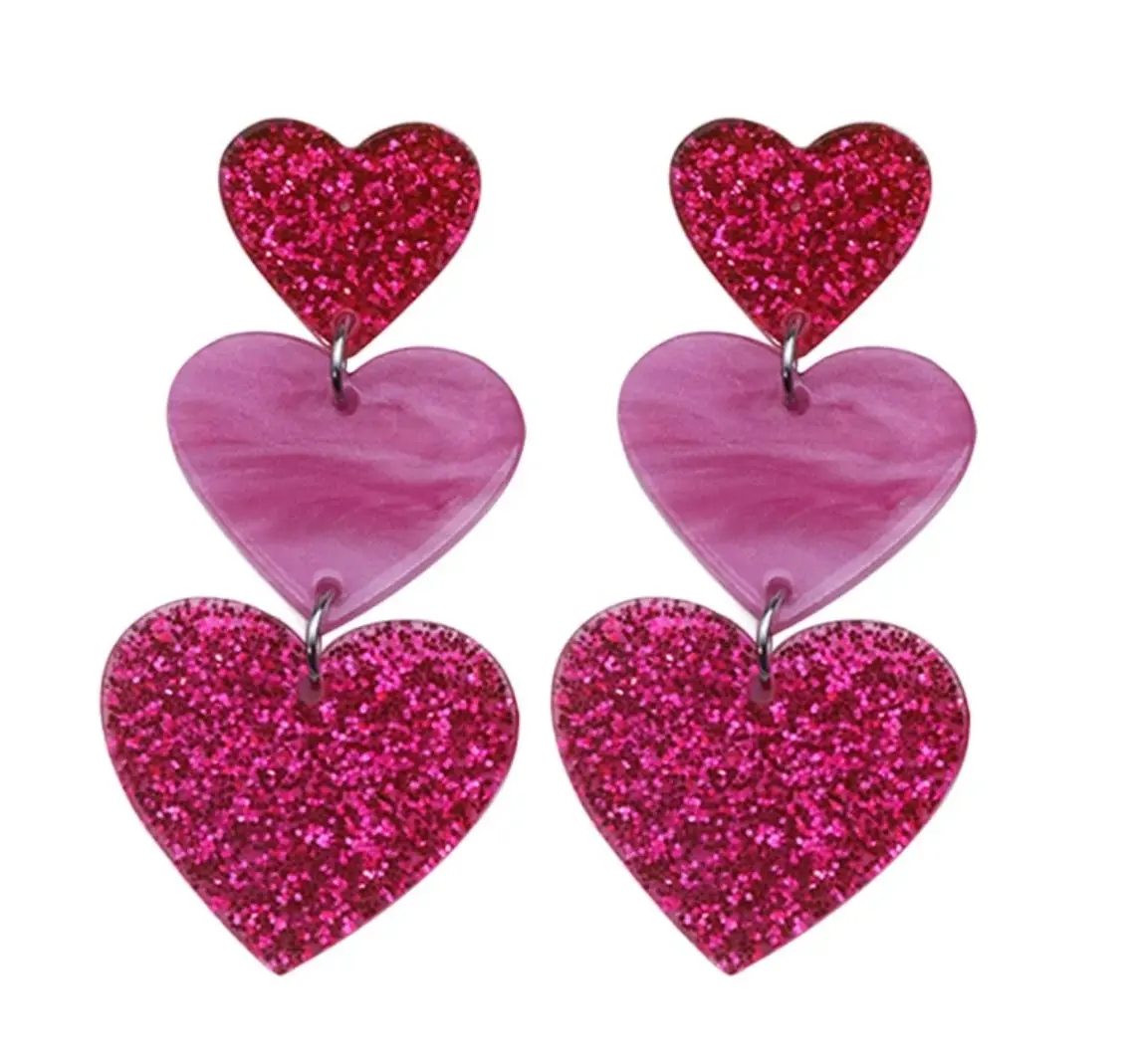 Three Pink/Red Heart Earrings Lightweight Acrylic Dangle Drop 1