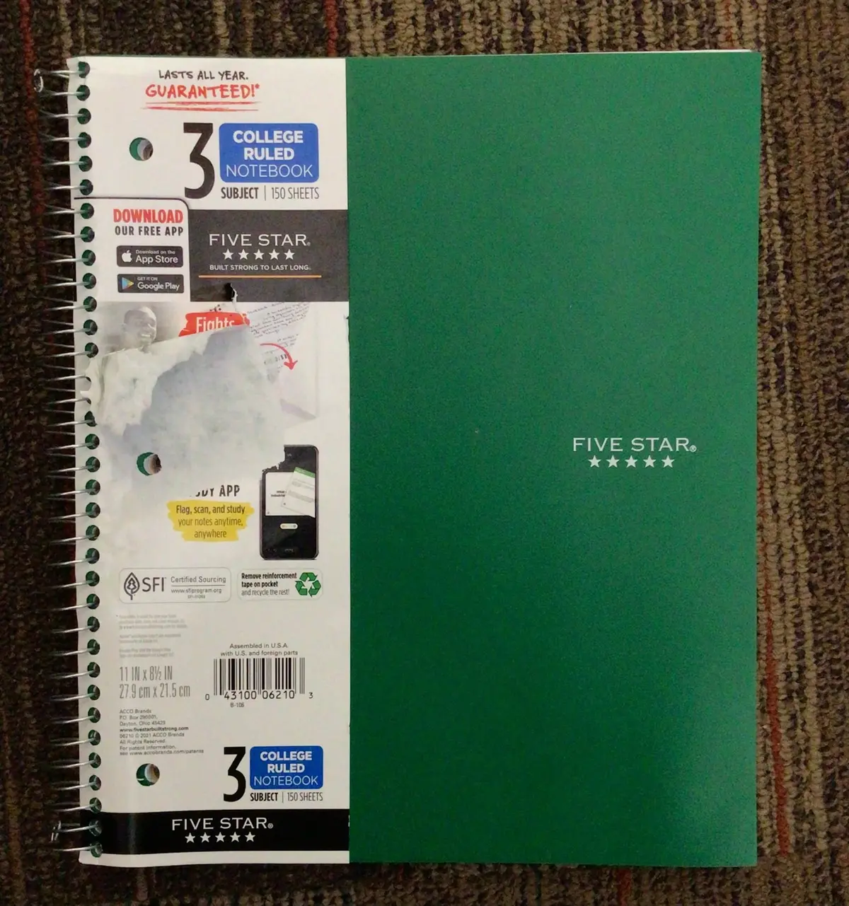 Five Star Wire-Bound Notebook - 3 Subject - College Ruled - Green 1