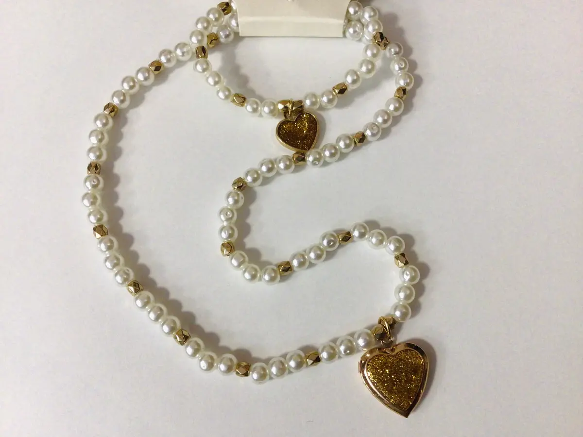 Pearls & Heart Necklace & Bracelet- White/Gold 1