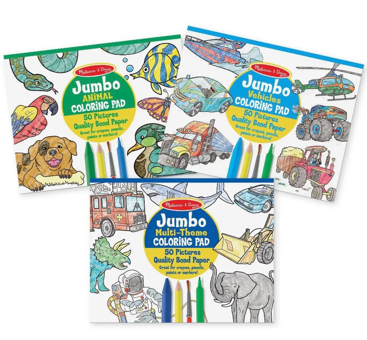 Jumbo 50 Page Kids Coloring Pads - Set Of 3 - Animals, Vehicles, And More. 1