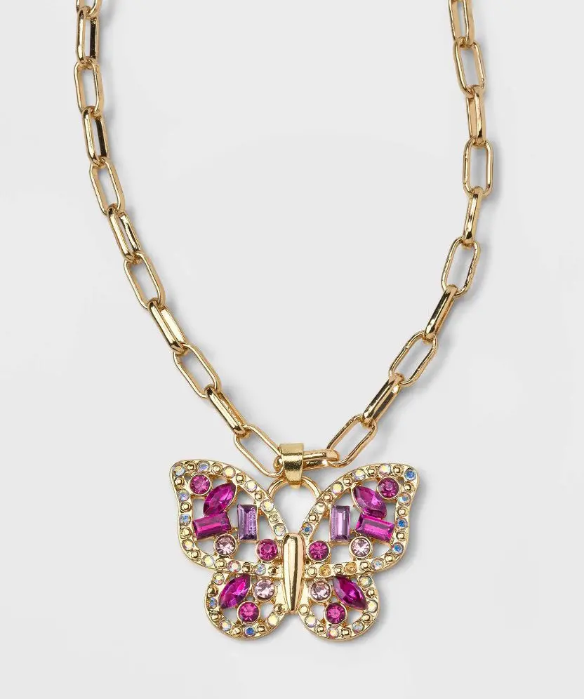 Pave Stone Butterfly Collar Necklace - Pink 1