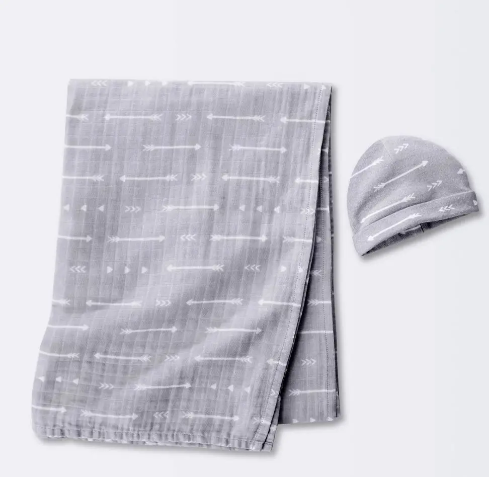 Hospital Muslin Swaddle Baby Blanket And Hat Gift Set - Gray
Arrow - 2Pk 1