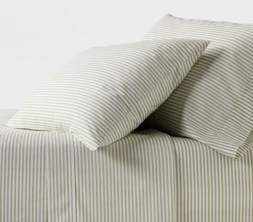 Queen 250 Thread Count Organic Percale Sheet Set Sage
Green Stripe 1
