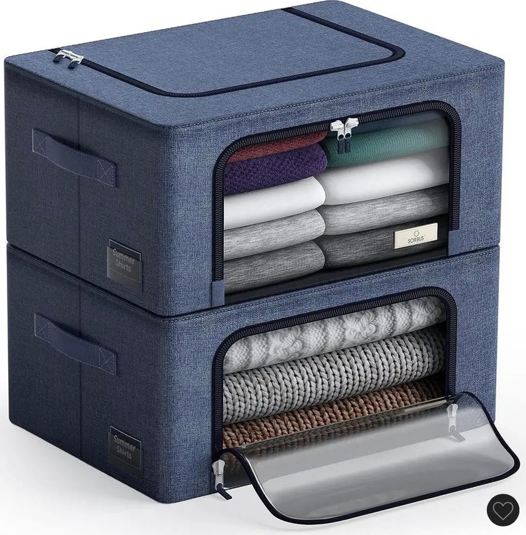 Sorbus 2 Pack Small Foldable Storage Box - Metal Frame, Oxford Fabric, Large Window & Handles - Organization For Bedroom, Linens & Clothes (Blue) 1
