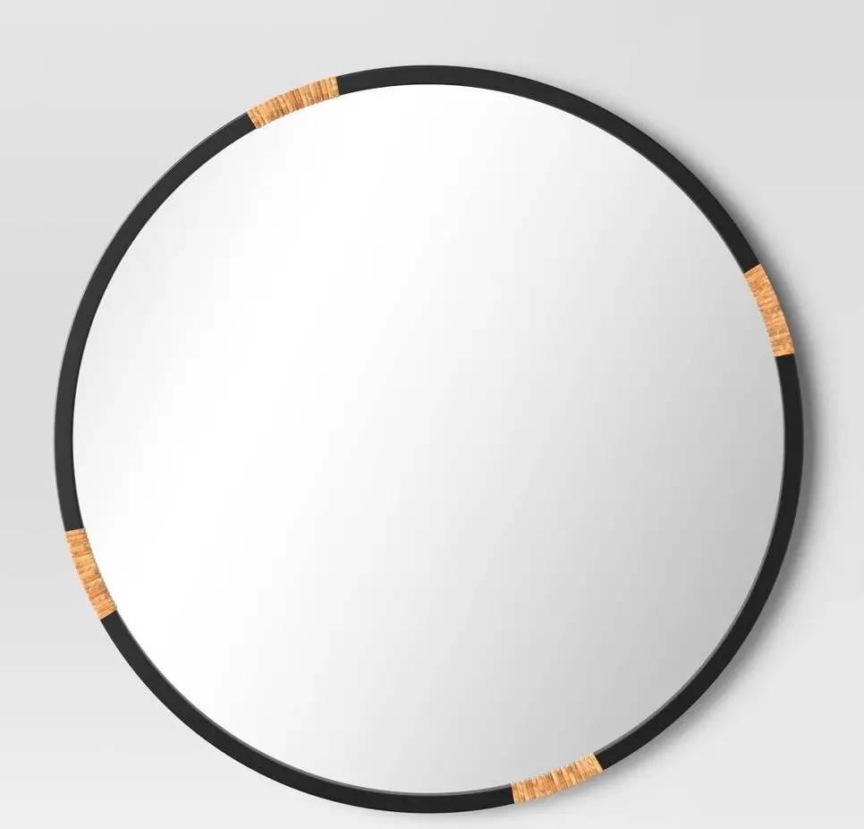 30" Diameter Metal With Rattan Wrap Wall Mirror Black 1