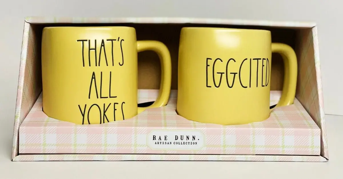 - 2 Mug Set - "That's All Yokes" And "Eggcited" - New In Box 1
