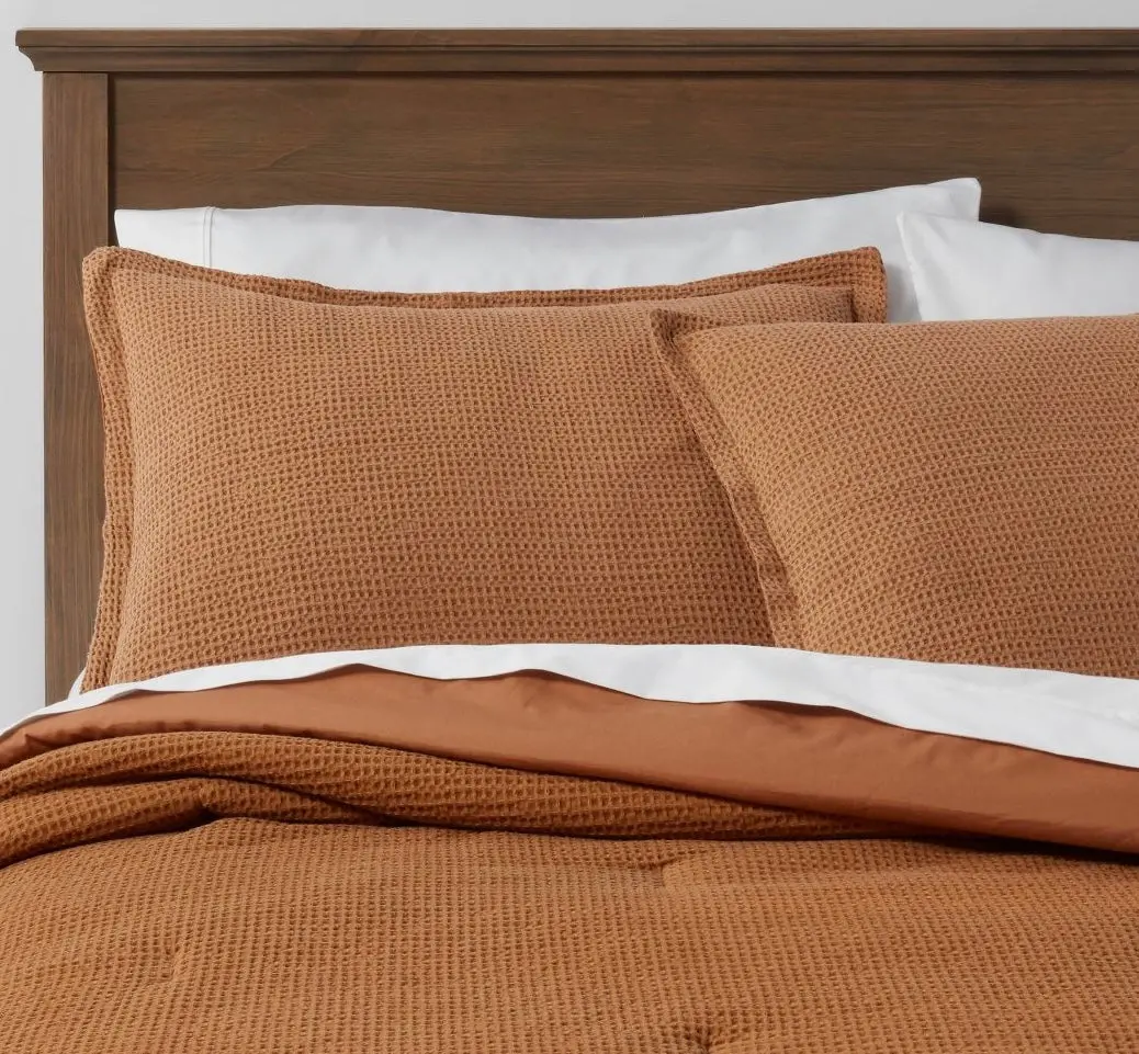 King Washed Waffle Weave Comforter And Sham Set Caramel 1